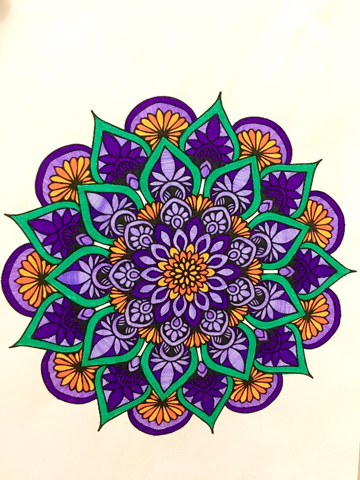 a drawing of a purple flower with orange and green leaves on it's petals