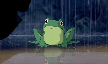 a green frog sitting on top of a puddle in front of a black background with water droplets