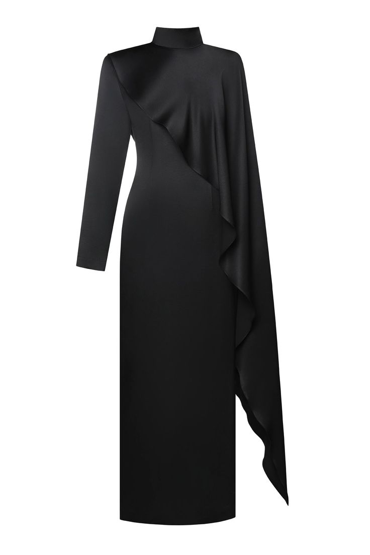 Satin long sleeve maxi dress. Asymmetrical long scarf. High neck. Zipper fastening. Color: black. Shell: 86% Rayon,14% Polyester Made in Georgia Model is wearing size S. Model measurements: 176 cm height, 82/59/89 cm. Luxury Long Sleeve Maxi Dress With Belted Cuffs, Luxury Silk Maxi Dress For Festive Season, Luxury Draped Sleeves Maxi Dress For Gala, Luxury Wide Leg Evening Maxi Dress, Luxury Stretch Elegant Maxi Dress, Luxury Maxi Dress With Folds, Luxury Chic Maxi Dress With Fitted Waist, Luxury Maxi Dress With Flattering Silhouette For Work, Luxury Long Sleeve Maxi Dress For Fall