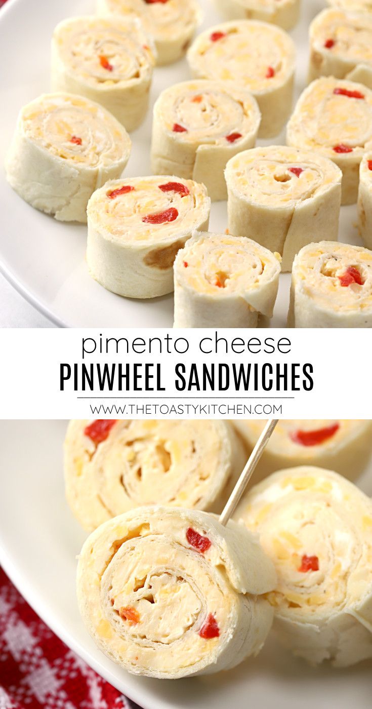 pinwheel sandwiches on a white plate with red and white checkered table cloth