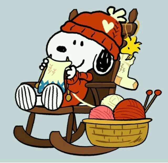 a cartoon dog sitting in a rocking chair next to a basket of yarn and knitting needles