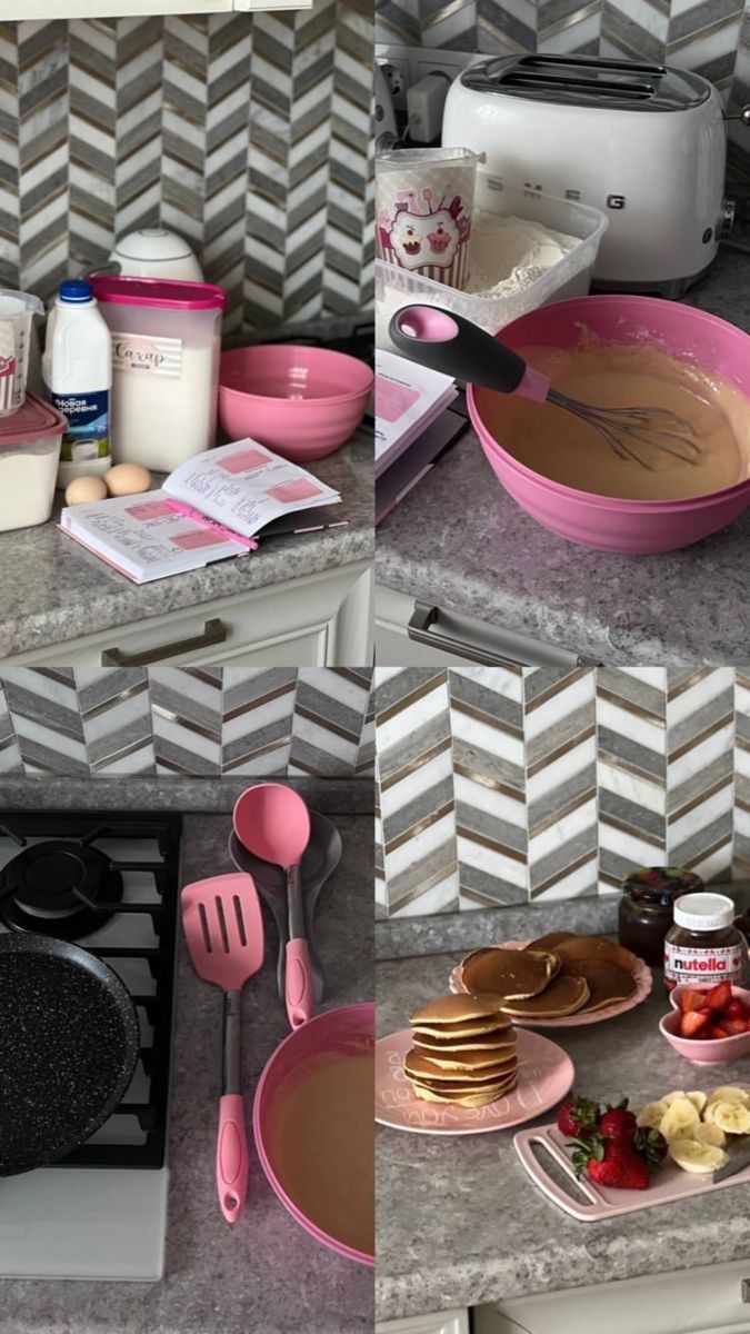 there are two pictures of the same kitchen counter top with food and utensils on it