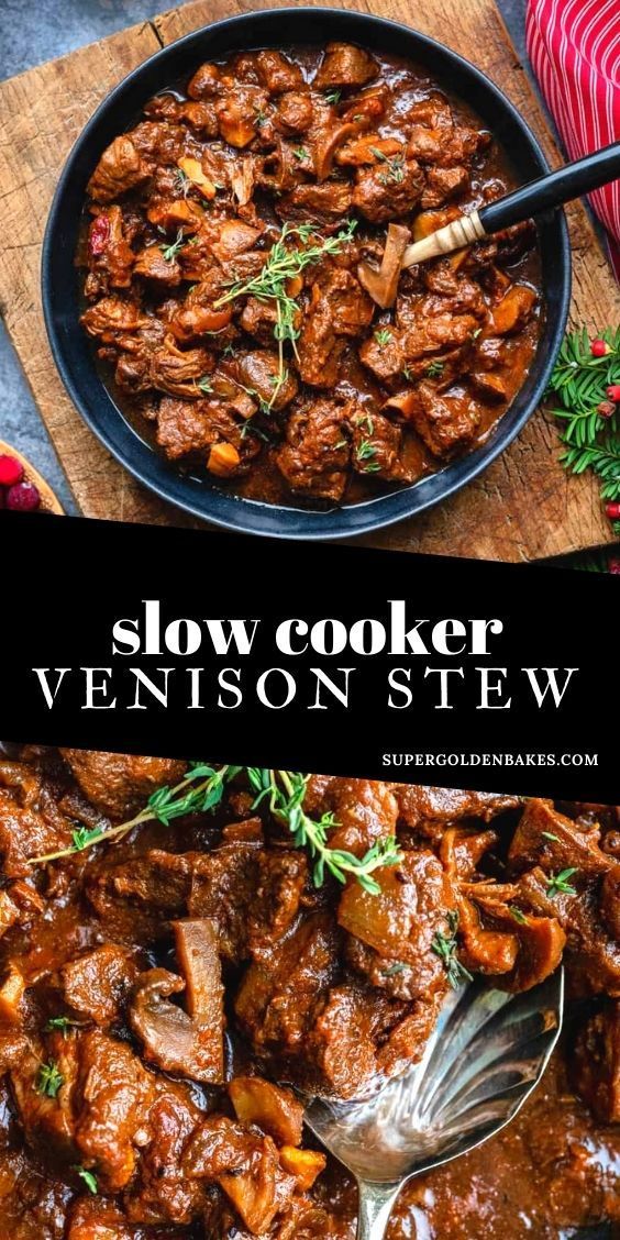 slow cooker venison stew in a black bowl with a spoon on the side