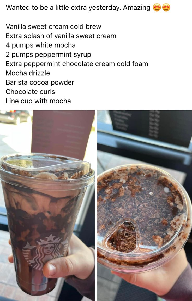 a person holding up a cup with ice cream and chocolate in it, next to an image of a frozen drink