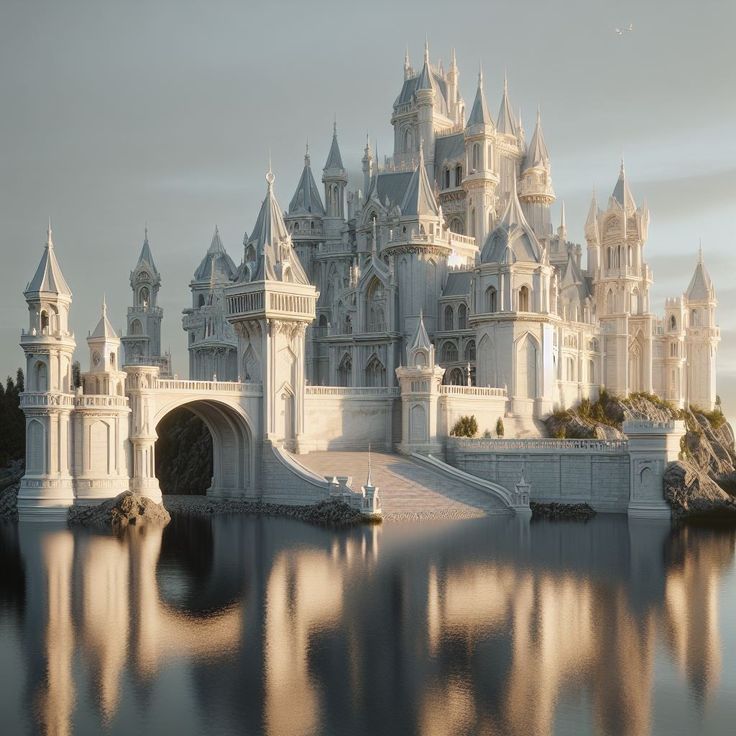 majestic white marble castle, perched atop a picturesque hill. White Castle Aesthetic Exterior, White Palace Fantasy Art, Princess Palace Aesthetic, White Palace Exterior, Pretty Castles Fairytale, Fantasy Castles Palaces, Fantasy Castle Aesthetic Exterior, White Castle Exterior, Big Fantasy Castle