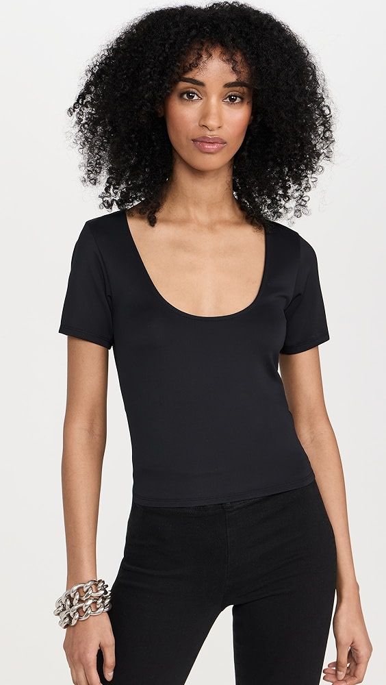 Good American Scuba Scoop Crop Tee | Shopbop Sleek Fitted Short Sleeve Tops, Fitted Scoop Neck Top In Elastane, Casual Short Sleeve Elastane Bodysuit, High Stretch Elastane Short Sleeve Bodysuit, Sleek Top With Scoop Neck And Minimal Stretch, Sleek Tops With Scoop Neck And Minimal Stretch, Sleek Scoop Neck Tops With Minimal Stretch, Sleek Solid Color Scoop Neck Top, Fitted Elastane Top With Scoop Back