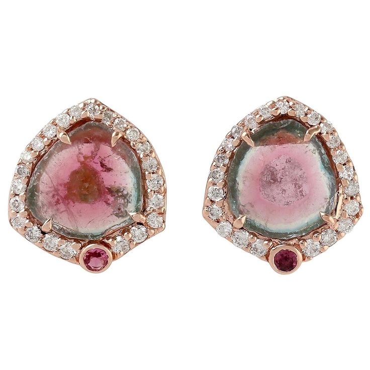 These beautiful stud earrings are handcrafted in 18K gold, 5.56 carats tourmaline and .44 carats of sparking diamonds. FOLLOW MEGHNA JEWELS storefront to view the latest collection & exclusive pieces. Meghna Jewels is proudly rated as a Top Seller on 1stDibs with 5 star customer reviews. All items manufactured by us are handmade and can be customized or redesigned. Composition Size-14X13 MM Total Weight-5.367 Gold Weight(Gms)-4.168 Diamond Wt(Cts)-0.44 Tourmaline melon Wt(Cts)-0.1 Tourmaline Wt( Pink Earring, Baguette Studs, Yellow Gold Cocktail Ring, Diamond Jewelry Earrings, Vintage Stud Earrings, Rose Gold Earrings Studs, Tourmaline Earrings, Rose Gold Studs, Earring Handmade