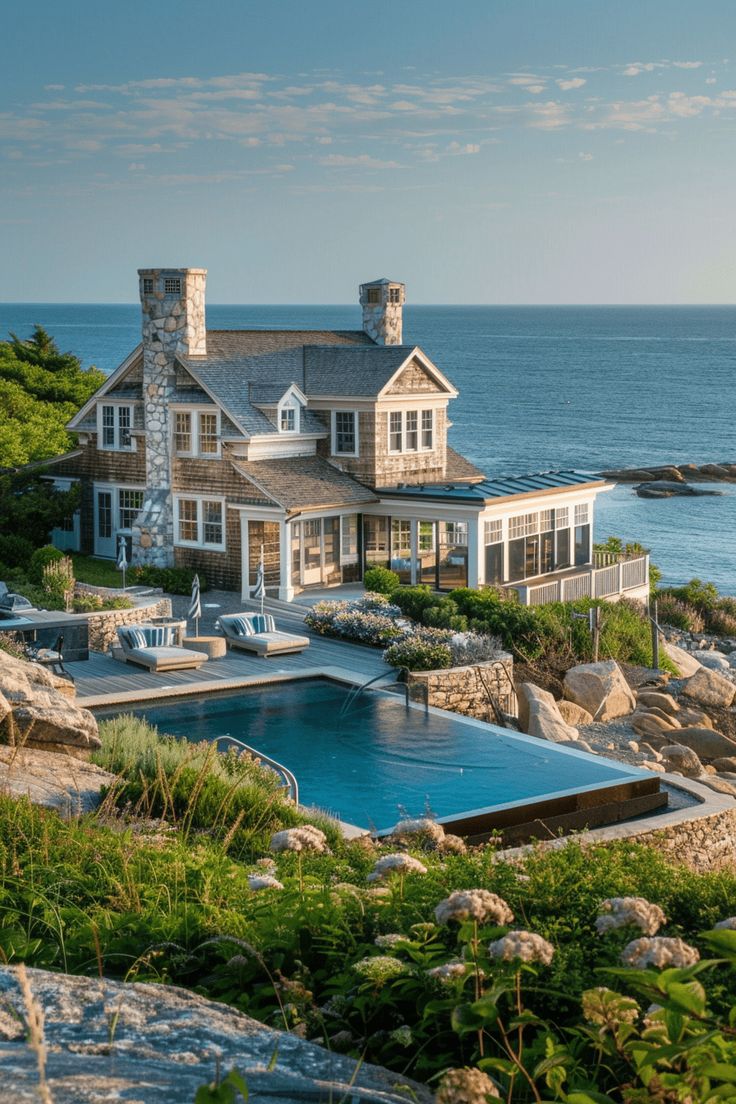 Opulent Oceanfront Villa Beach House New England, Dream Beach Houses The Ocean, Dream Beach Houses Luxury, 1111 Portal, Luxury Beach Homes, Brindleton Bay, Preppy House, New England Summer, New England Beach House