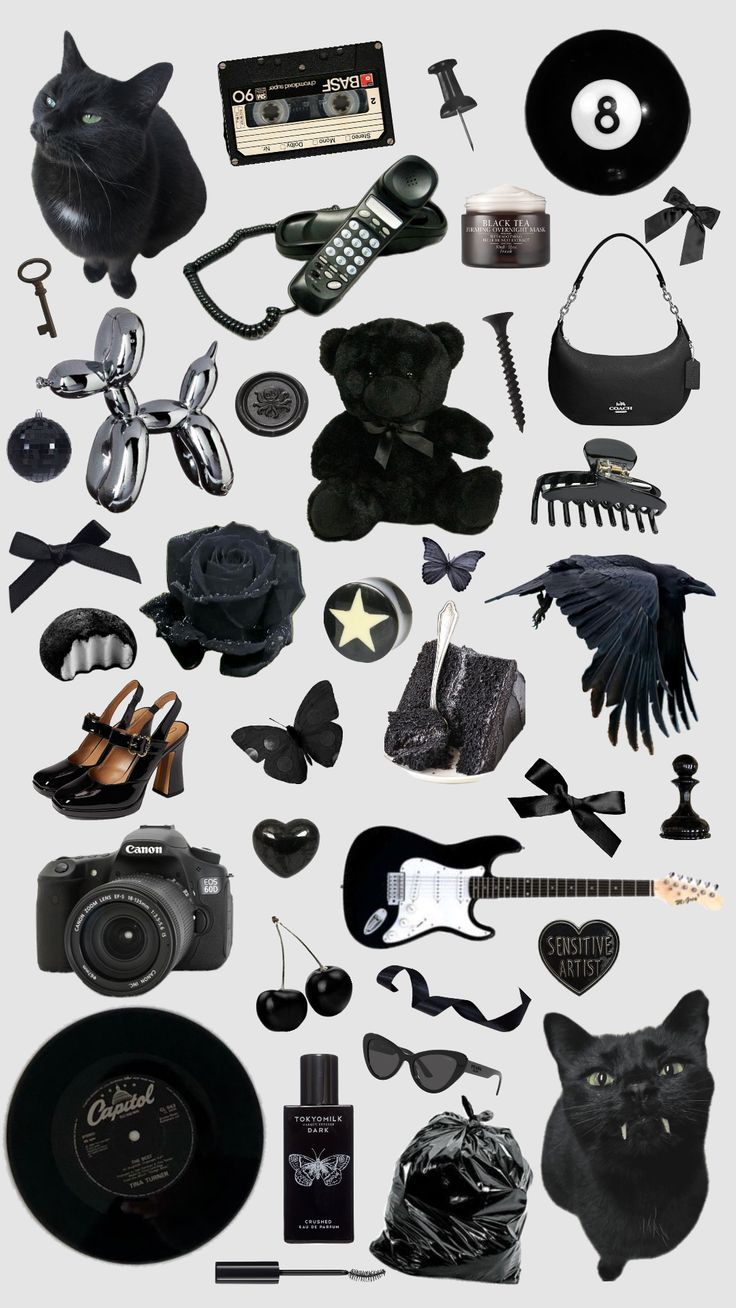 a collage of black and white items