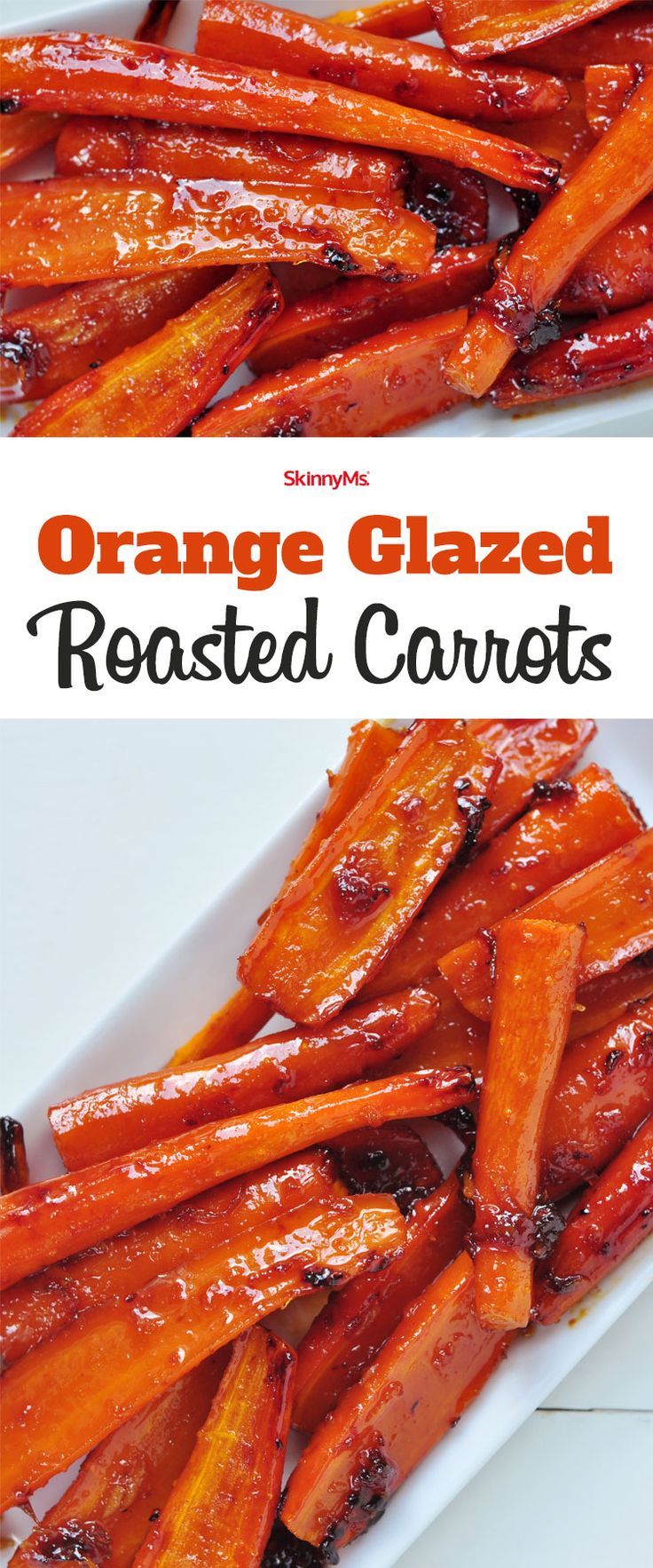 orange glazed roasted carrots on a white plate with text overlay that reads, orange glazed roasted carrots