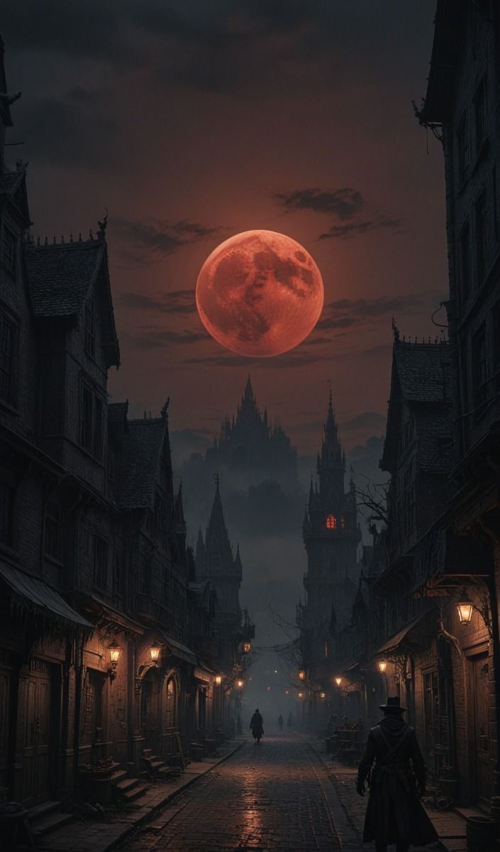 a person walking down a street at night under a red moon