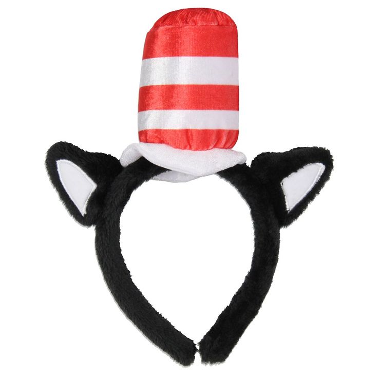 a red and white cat ears hat on top of a black headband with an orange stripe