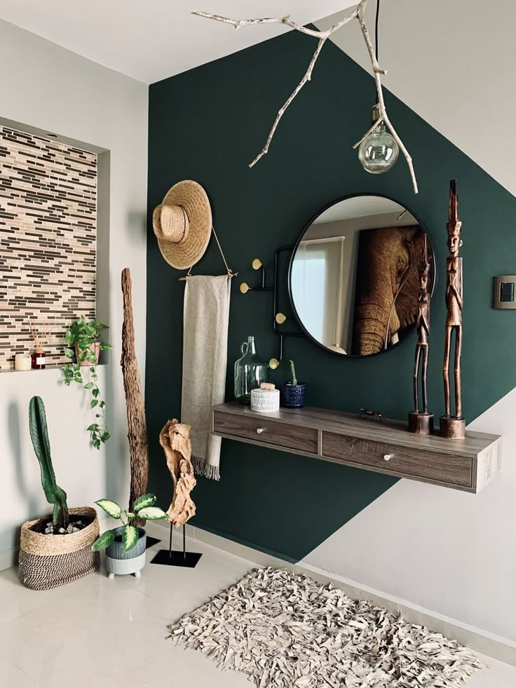 a bathroom with green walls and white flooring, including a mirror on the wall