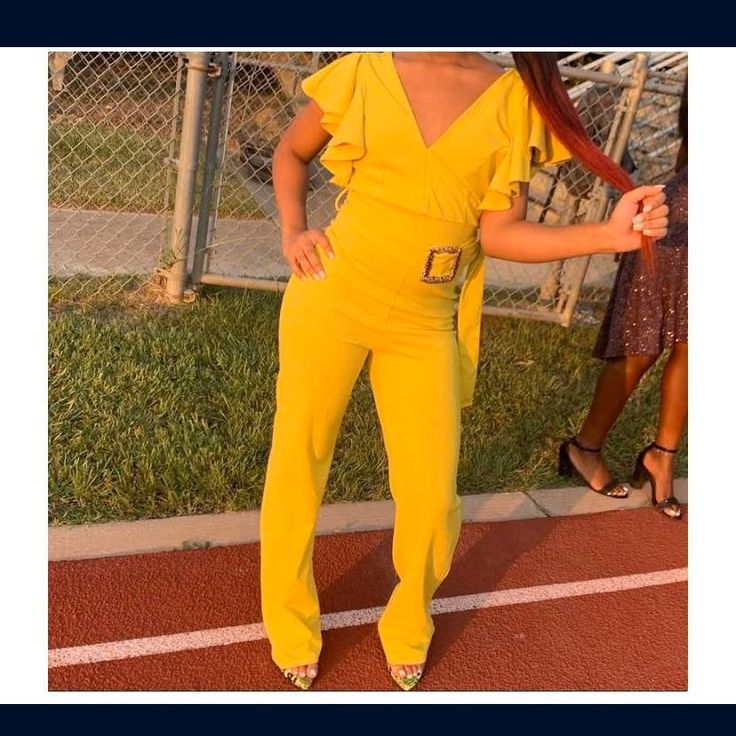 Mustard Color, Never Worn, Bought For $30 Elegant Fitted Yellow Pantsuit, Elegant Yellow Jumpsuits And Rompers For Work, Elegant Yellow Jumpsuits For Workwear, Fitted Spring Pantsuit For Night Out, Fitted Jumpsuits And Rompers For Spring Date Night, Solid Color Pantsuit For Night Out In Spring, Solid Pantsuit For Night Out In Spring, Summer High Waist Pantsuit For Party, Solid Pantsuit For Spring Night Out