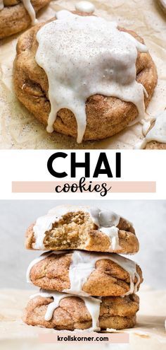 three different images of cookies with icing on them and the words chai cookies