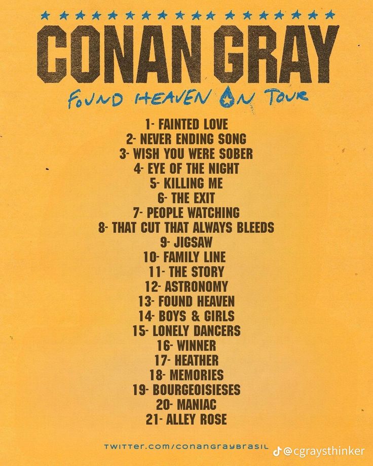 the concert poster for conan gray's band heaven and tour, with their dates