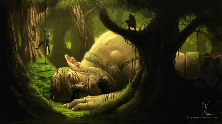 an image of a man laying on the ground in the middle of a forest with trees