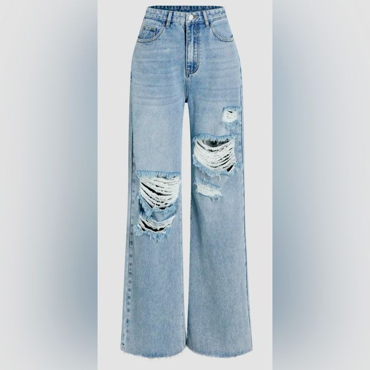 High Waisted Ripped Stretch Jeans. Wide Leg. Unfinished Hem. Very Comfortable. New. Never Worn. Wide Leg Jeans Ripped, Wide Leg Ripped Jeans, Ripped Wide Leg Jeans, Bell Bottom Jeans Outfit, Preppy Pants, Cute Bottoms, Simple Outfits For School, High Waisted Distressed Jeans, Christmas Dreaming