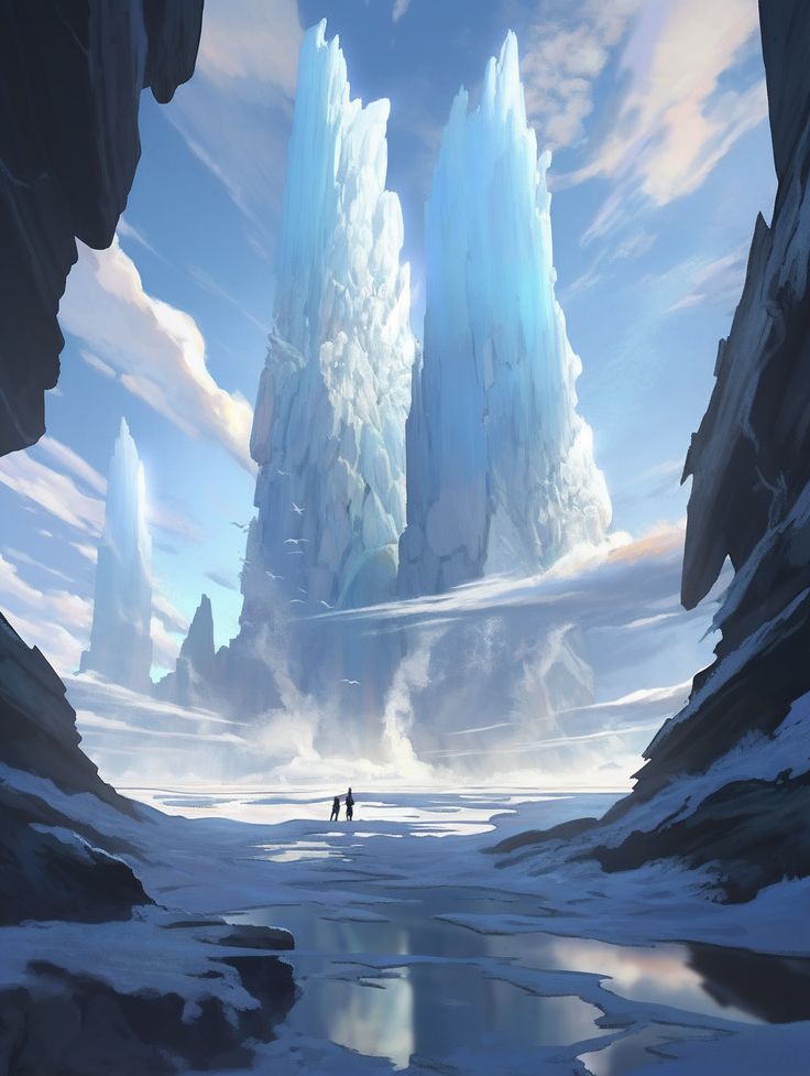 two people standing in the middle of an icy landscape