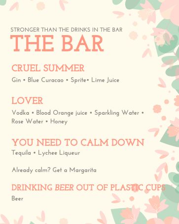 a pink and green floral drink list with the words, `'you need to calm down