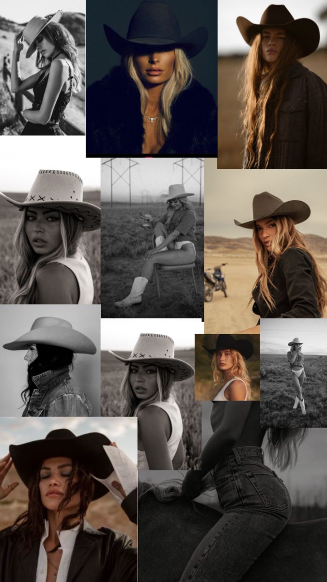 a collage of black and white photos with women in cowboy hats on horsebacks