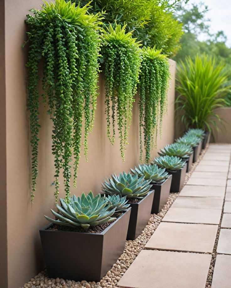 some plants are growing on the side of a building