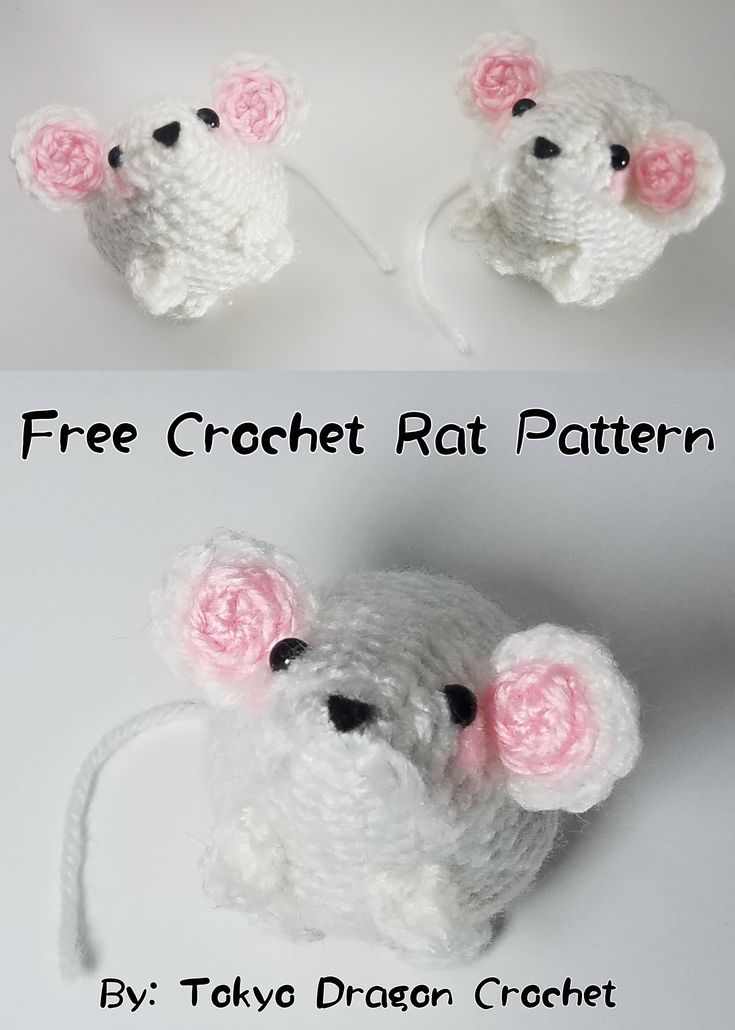 two crocheted mice with pink ears and one white mouse is shown in three different views