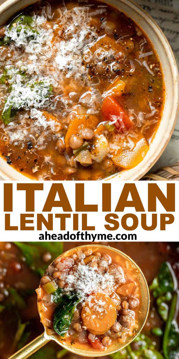 italian lentil soup in a white bowl with a spoon