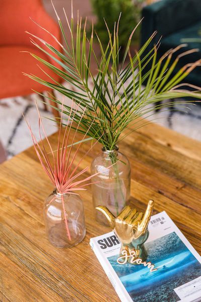 two vases with plants in them sitting on a table next to a magazine and couch