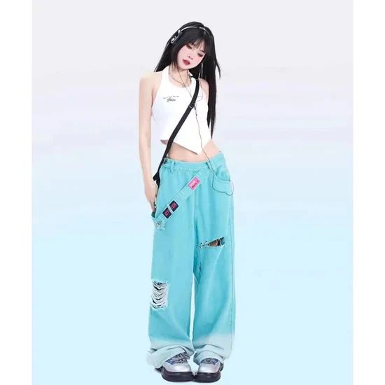 Wide Harajuku Y2K Pants - Pastel Kitten Blue Jeans Women, Female Pants, Estilo Harajuku, Rash Guard Swimwear, Pants Y2k, Y2k Pants, Women Belt, Custom Made Clothing, Straight Trousers