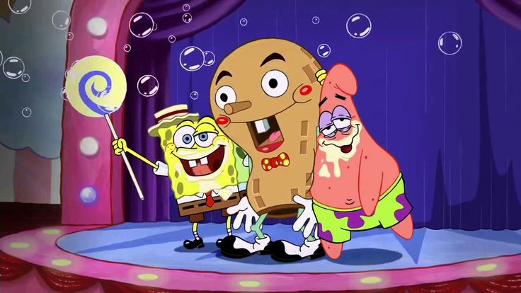 spongebob and friends on stage with bubbles