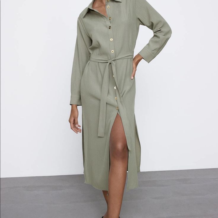 Olive Green Midi Button Shirt Dress Casual Collared Dress For Brunch, Casual Dress With Button Cuffs And Spread Collar, Casual Long Sleeve Midi Dress With Button Cuffs, Long Sleeve Maxi Dress With Buttons For Brunch, Spring Button-up Midi Dress For Daywear, Casual Midi Dress With Collared Neckline For Daywear, Spring Long Sleeve Midi Dress With Buttons, Khaki Long Sleeve Dress For Day Out, Casual Collared Neckline Shirt Dress For Office