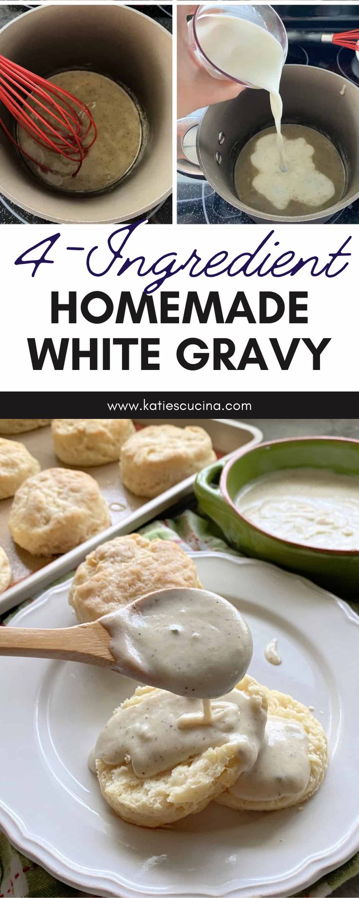 homemade white gravy being poured onto biscuits