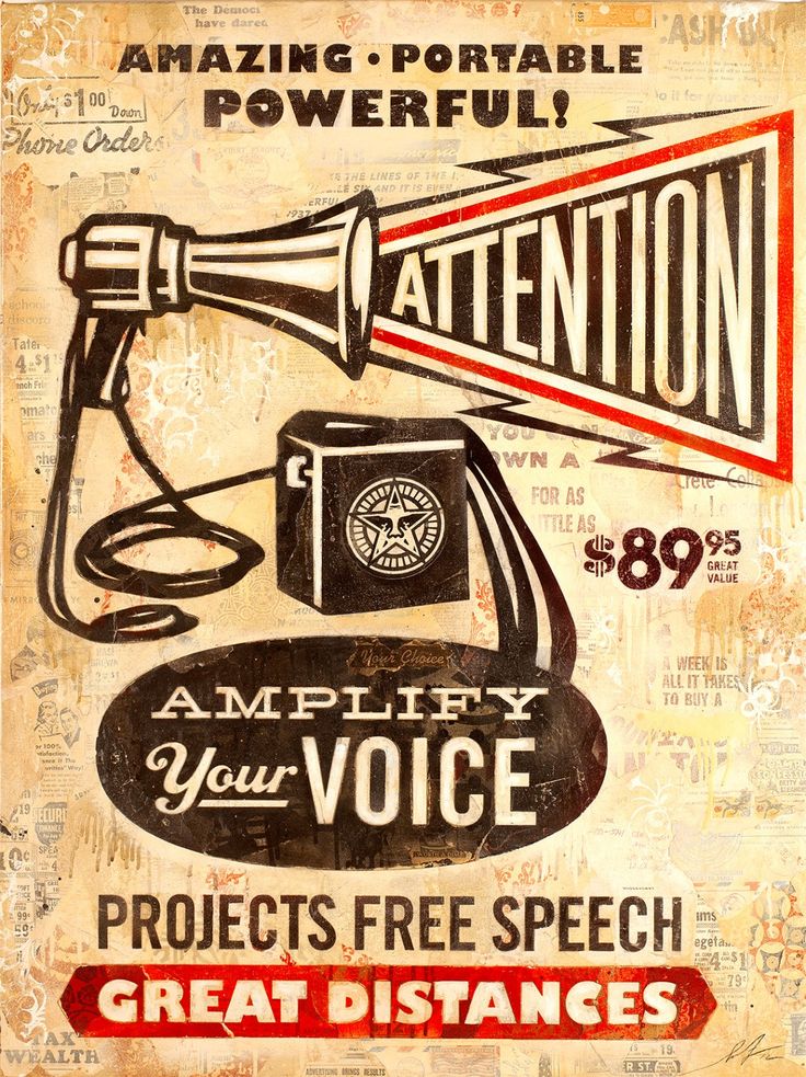 an old fashioned poster with the words attention to your voice and a megaphone on it