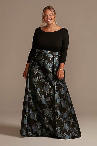 View Long Dress at David's Bridal Gown Making, Plus Size Ball Gown, Brocade Skirt, Elegant Ball Gowns, Off Shoulder Gown, Plus Size Gowns, Mother Of Groom Dresses, Oleg Cassini, Skirt Style