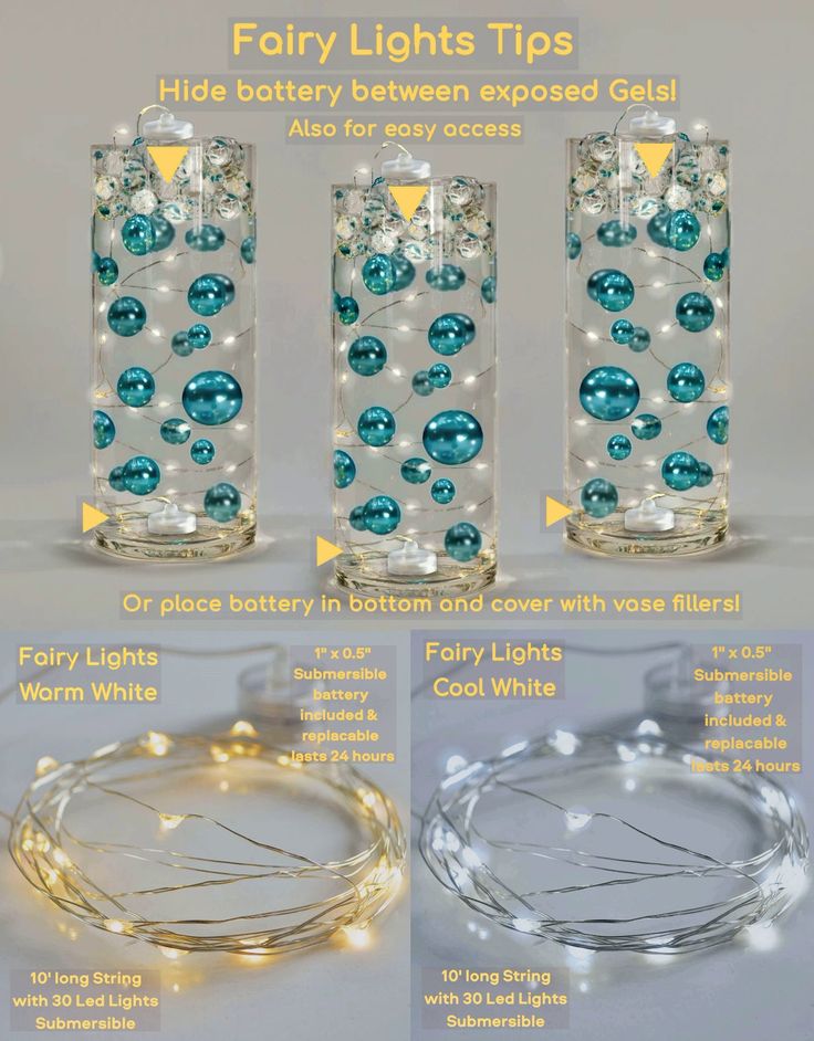 three clear vases with blue and white balls in them, one is filled with lights