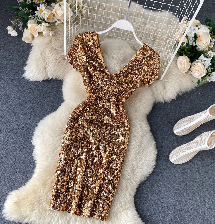 Glamorous V-neck Summer Evening Dress, Gold V-neck Midi Dress For Evening, Gold V-neck Midi Dress For Party Season, Gold V-neck Midi Dress For Party, V-neck Sequin Dress For Club Parties, Summer V-neck Sequin Dress For Date Night, Gold Sequin Mini Dress For Evening, Glamorous Spring V-neck Party Dress, Gold Sequin Dress For Summer