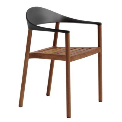 a wooden chair with a black seat and back rest on the bottom half of it