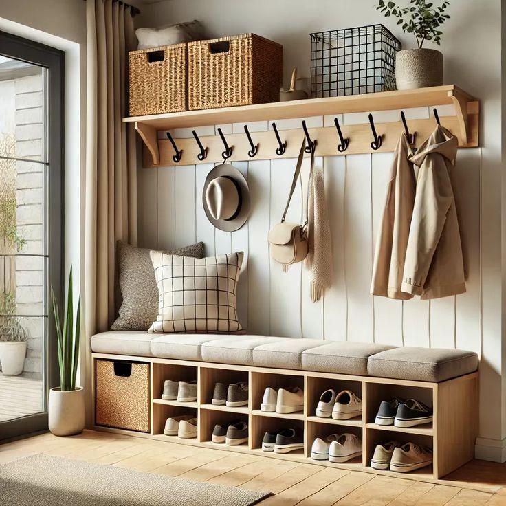 a wooden bench sitting under a window next to a shelf filled with shoes and coats