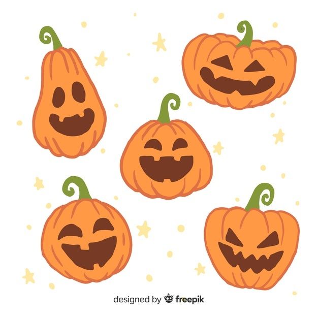 four pumpkins with faces drawn on them and stars in the background, all smiling