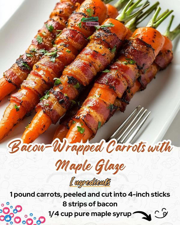 an advertisement for bacon wrapped carrots with maple glaze