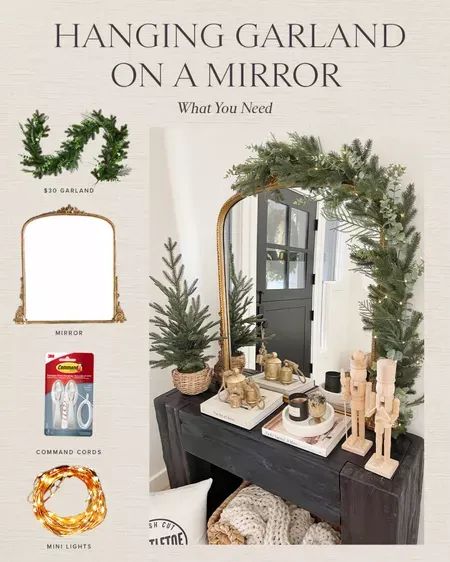 an advertisement for hanging garland on a mirror with christmas decorations and wreaths around it