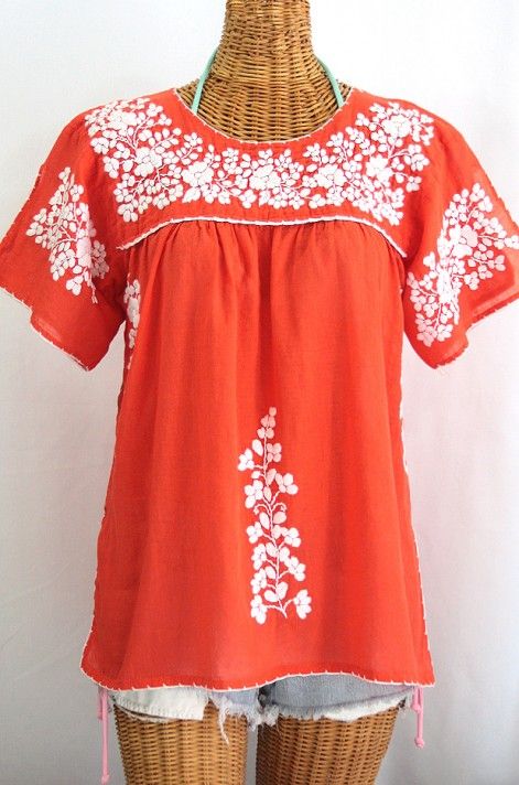 Let us know how you like it!  Our "La Lijera" Embroidered Peasant Blouse in Citrus Orange with White Embroidery.  Check out all of our emboidered blouses at http://www.sirensirensiren.com/new!-embroidered-peasant-tops #hippie Mexican Peasant Blouse, Mexican Boho, Mexican Blouse, Floral Embroidery Patterns, Beach Attire, Folk Embroidery, Tunic Style, Mexican Style, Peasant Top