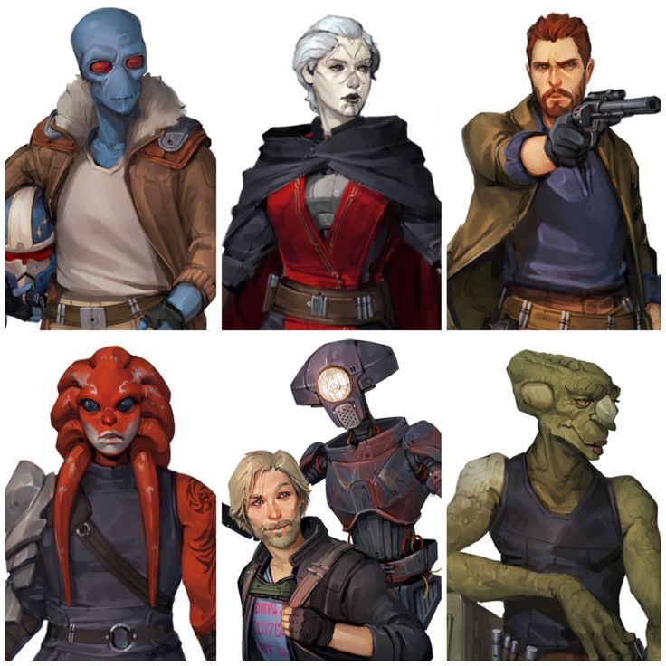 four different images of characters from the video game massmuter, including two alien men and one woman