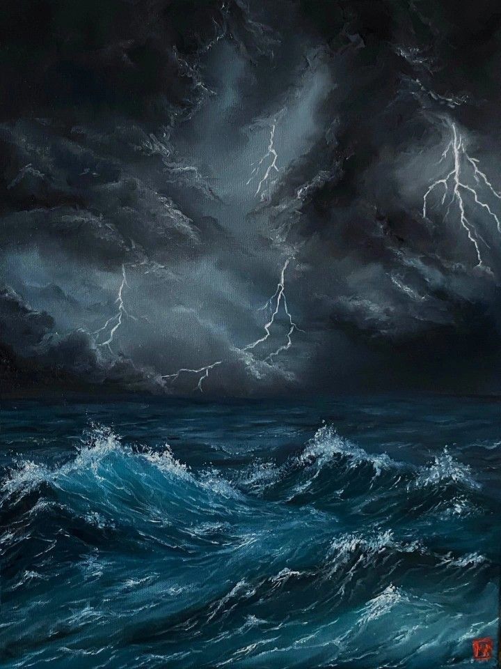 a painting of storm clouds over the ocean