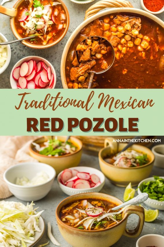 mexican red pozole soup with vegetables and meats in bowls on the table