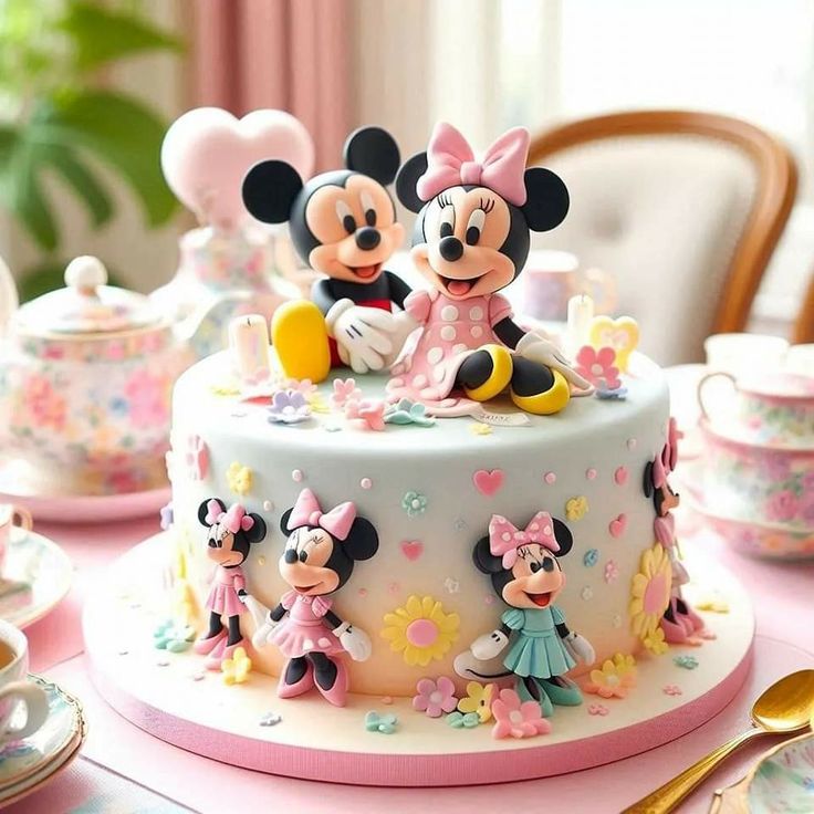 there is a cake decorated with mickey and minnie mouses on it's table