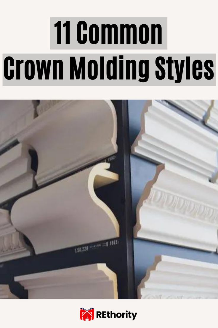 crown molding styles on the wall with text that reads 11 common crown molding styles