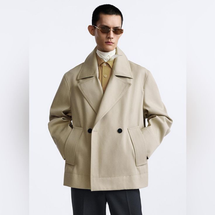 Zara Men’s Cropped Trench Coat. Never Worn, New With Tags. Double-breasted Gabardine Outerwear With Pockets, Khaki Outerwear With Double Button And Lapel Collar, Khaki Outerwear With Lapel Collar And Double Button, Khaki Lapel Collar Outerwear With Double Button Closure, Beige Gabardine Outerwear With Double Button Closure, Beige Gabardine Pea Coat For Winter, Winter Beige Gabardine Pea Coat, Spring Formal Gabardine Pea Coat, Spring Single-breasted Gabardine Pea Coat