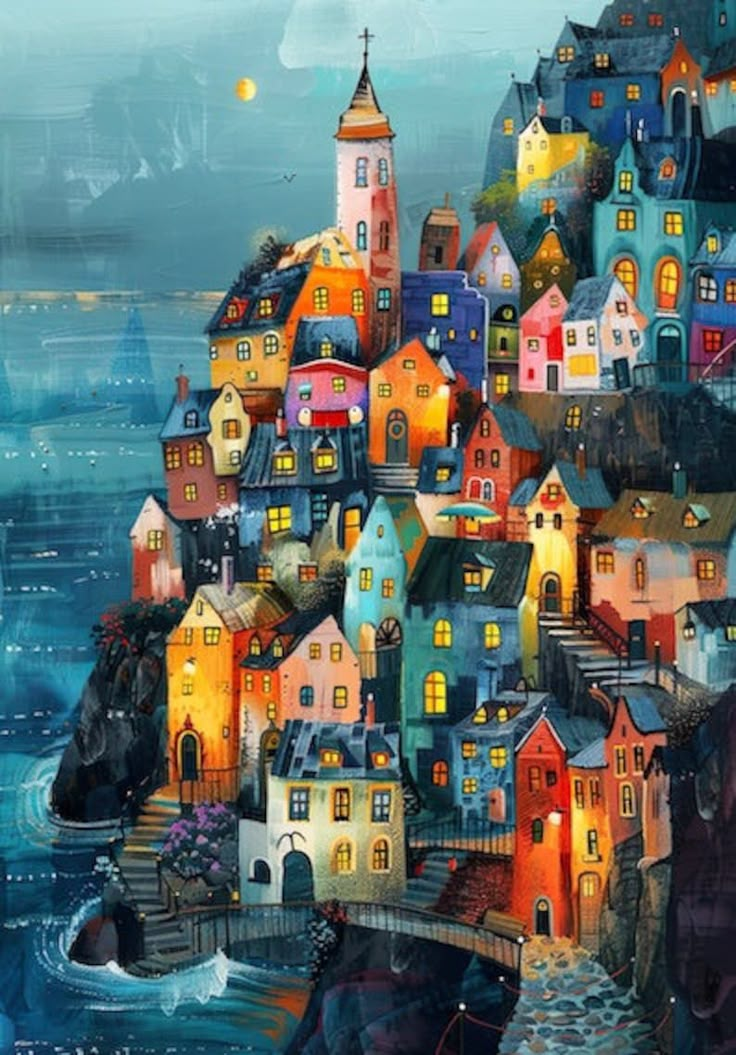 a painting of a city by the ocean with buildings on it's cliffs